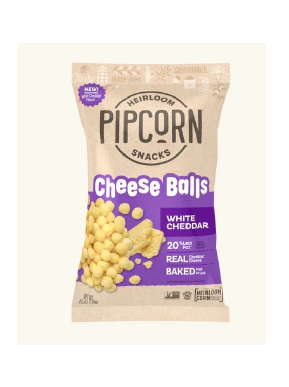 Pipcorn. Heirloom Snacks. White Cheddar Cheese Balls