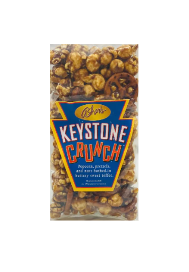 Asher's Keystone Crunch. Popcorn, Pretzels, and nuts bathed in buttery sweet toffee