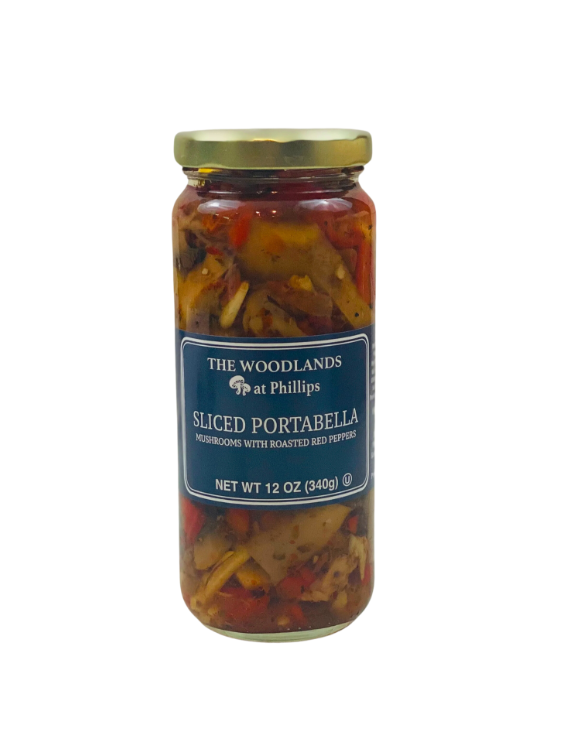 The Woodlands at Philips Farm, Sliced Portabella Mushrooms with roasted red peppers in a glass jar